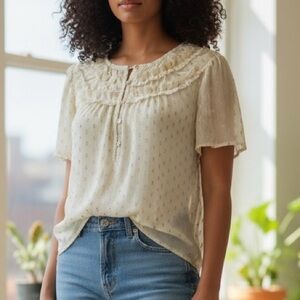 LOFT Cream and Gold Short Sleeve Blouse Size L